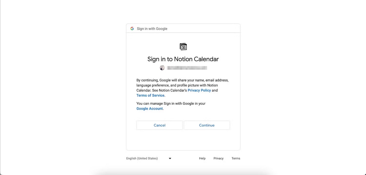 Chọn tài khoản Google mà bạn muốn tích hợp vào Notion Calendar