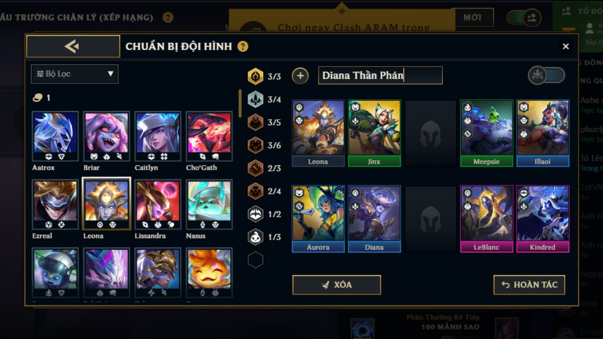 Gợi ý khung đội hình Diana Thần Phán hoàn thiện ở cấp 9