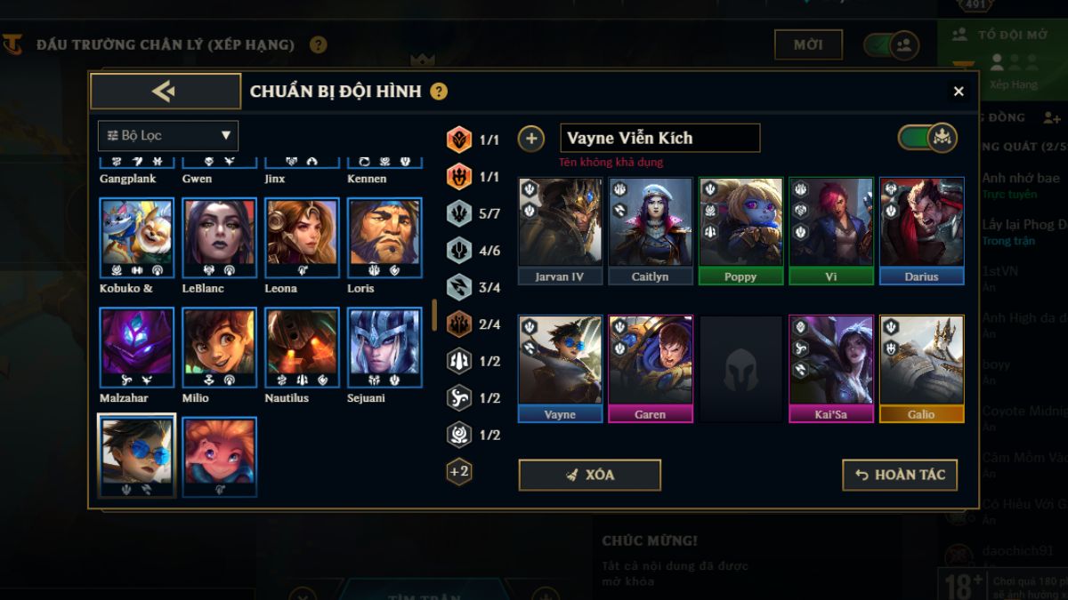 Khung đội hình Vayne Viễn Kích hoàn thiện