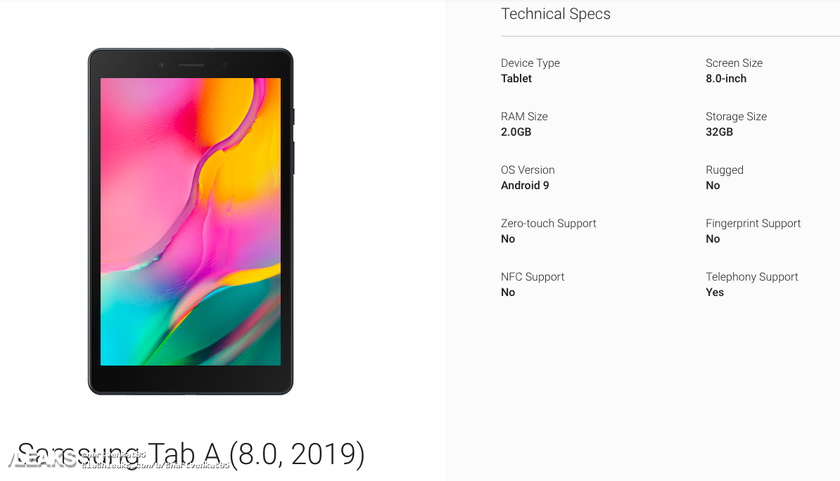 Galaxy Tab A 8.0 (2019) lộ ảnh và thông số cấu hình: Snapdragon 429, RAM 2GB, giá dự kiến 150 USD