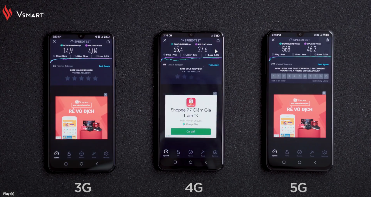 Vsmart tung video so sánh tốc độ mạng 5G, 4G và 3G trên Vsmart Aris
