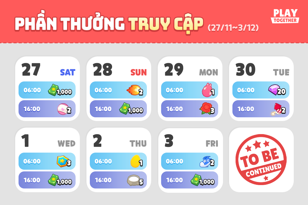 Phần thưởng truy cập Play Together hàng ngày từ 27/11-3/12