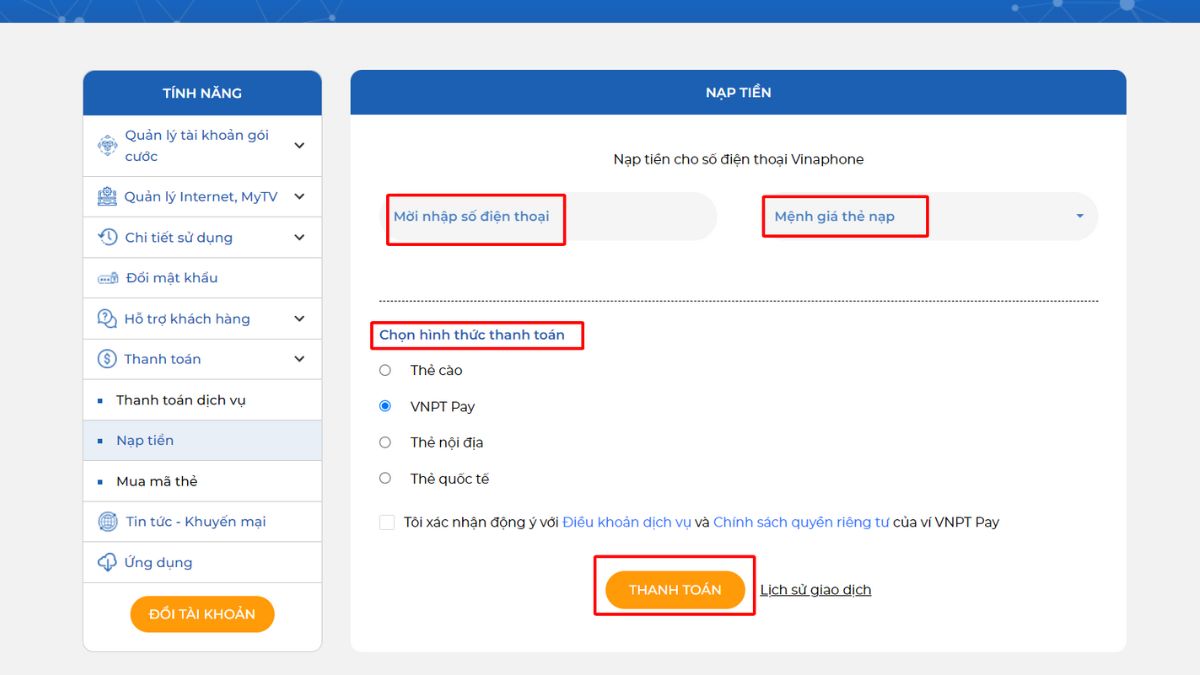 Cách nạp thẻ VinaPhone online qua website nhà mạng bước 3