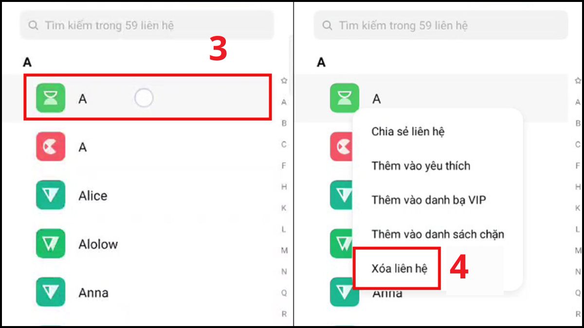 Chọn Số bị trùng lặp, thao tác nhấn giữ và Xóa liên hệ