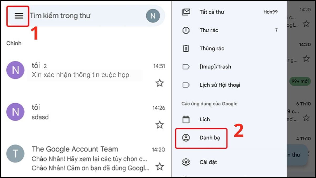 Thao tác chọn vào Danh bạ trong ứng dụng Gmail