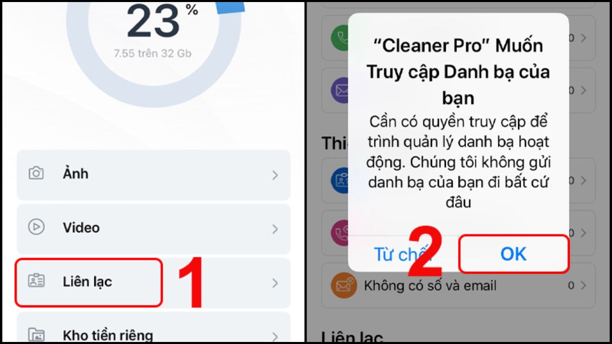 Cho phép truy cập danh bạ ứng dụng