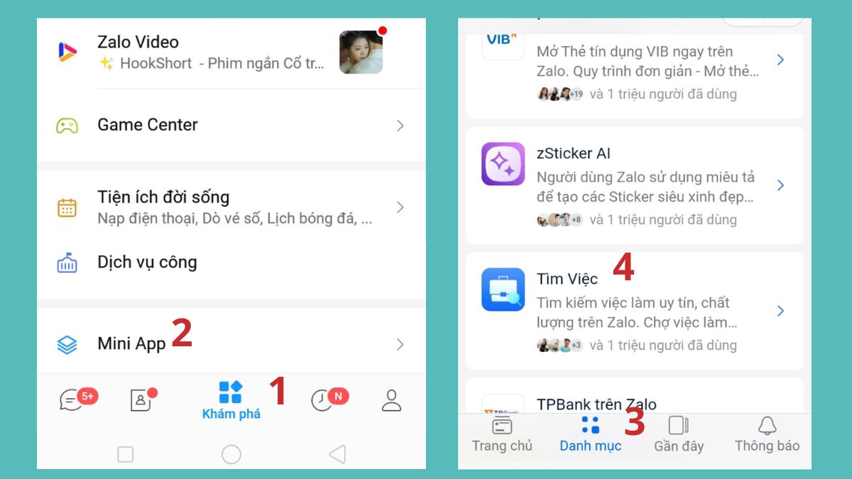 Hướng dẫn cách tìm việc trên Zalo bước 2